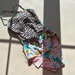 Beach Lingo One piece swimsuit Hi Neck Kids Size 12 Zebra print Pink New